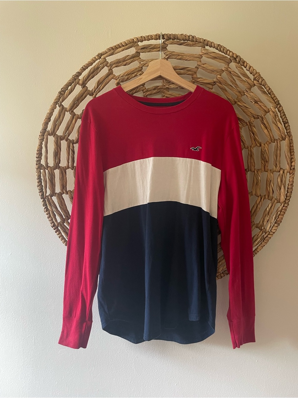 Hollister Red White Navy Colorblock Crewneck Sweater